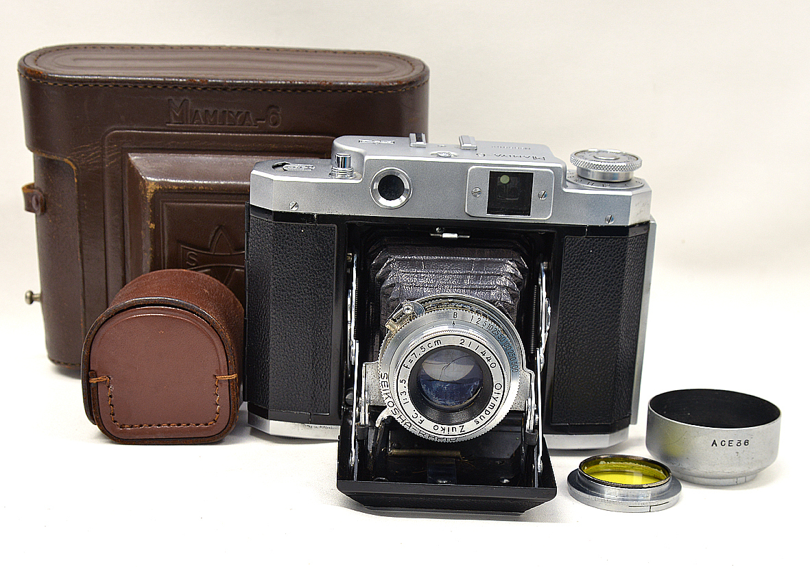MAMIYA-6 マミヤシックス Olympus Zuiko F.C. 7.5cm F3.5 中判蛇腹カメラ 純正ケース フード フィルター付 ストラップ無し 中古