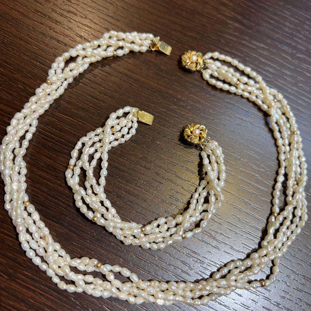 淡水パール5連 ゴールド玉ネックレス＆ブレスレットセット没有明显的损伤或污渍