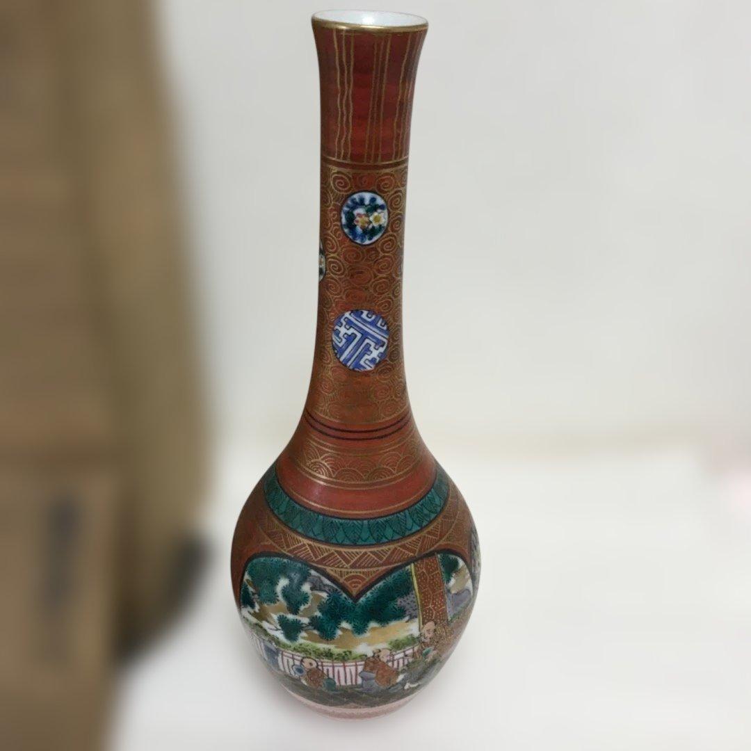 【極美品】九谷焼 九谷庄三作 鶴首 古九谷写 花入 共箱付き 伝統工芸品九谷焼;没有明显的损伤或污渍